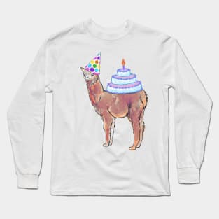 Llama in party hat with cake Long Sleeve T-Shirt